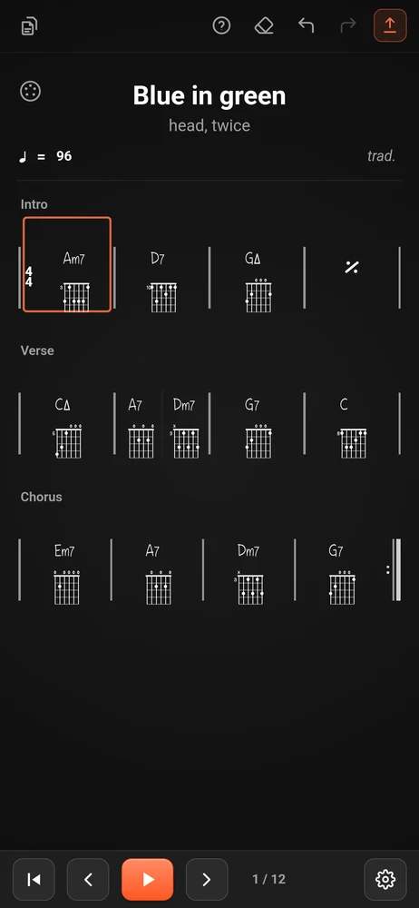 The same chart with the phone upright: three lines, twelve measures, all visible at once