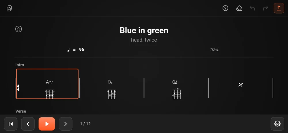 One measure selected, outlined in orange, with the transport showing 1 of 12