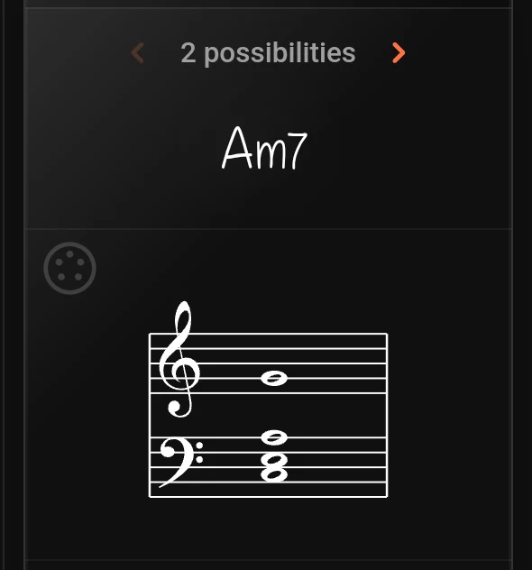 The right hand panel: the reading count with its arrows, the chord name, and the notes on a treble and bass staff