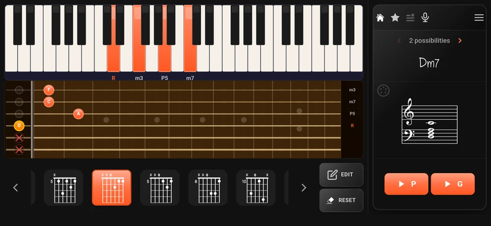 The Combo page: a keyboard along the top with four keys pressed, and the matching guitar position on the fretboard below