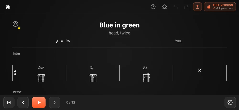 The chart editor in the free version: the Full version button in the toolbar and a padlock on the MIDI socket