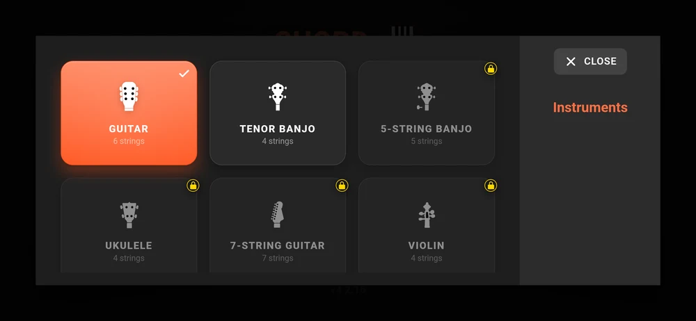 The instrument picker in the free version: Guitar and Tenor Banjo open, the rest with padlocks
