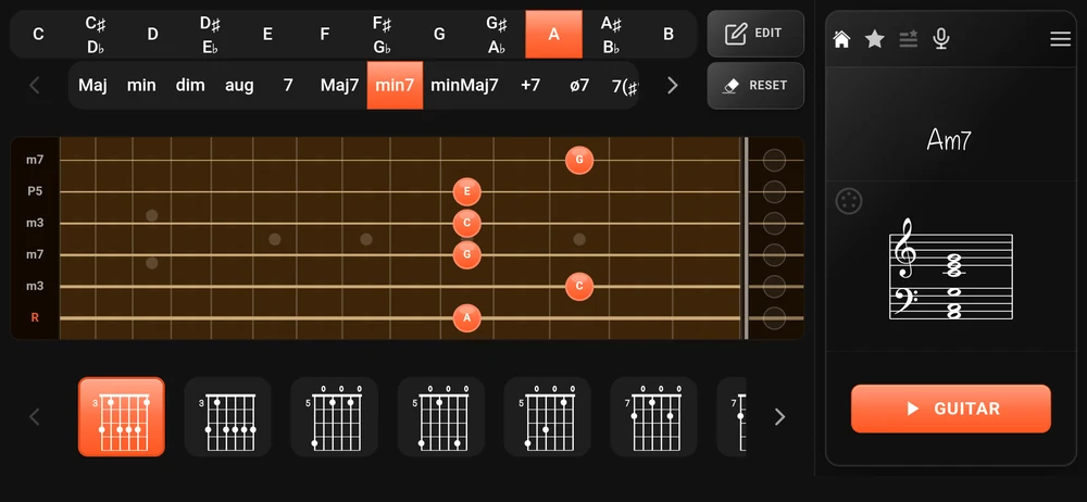 The guitar page in left-handed mode, with the nut on the right