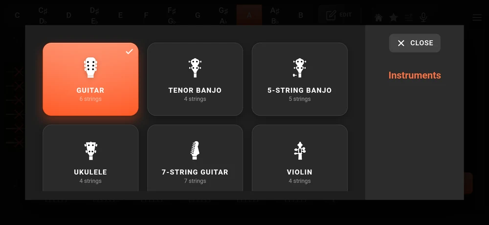 The instrument picker: Guitar and Tenor Banjo open, five string banjo, ukulele, seven string guitar and violin behind padlocks