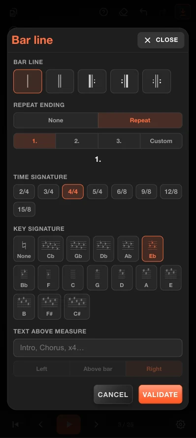 Bar line editor: barline types, time signatures, key signatures and endings
