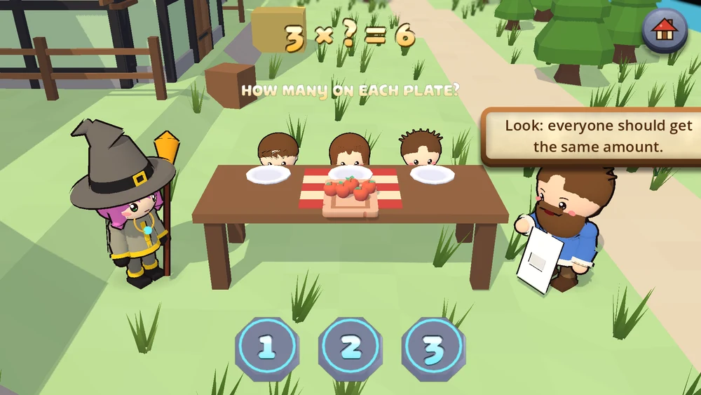Sharing apples at the baker's table: 3 × ? = 6, how many on each plate?