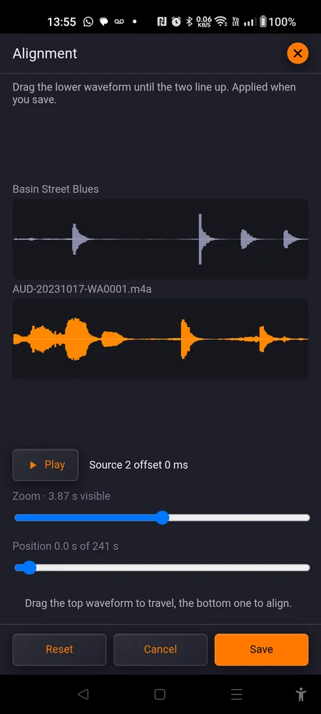 The aligner: both waveforms stacked on one time scale, the zoom and position sliders, and the offset readout beside the play button