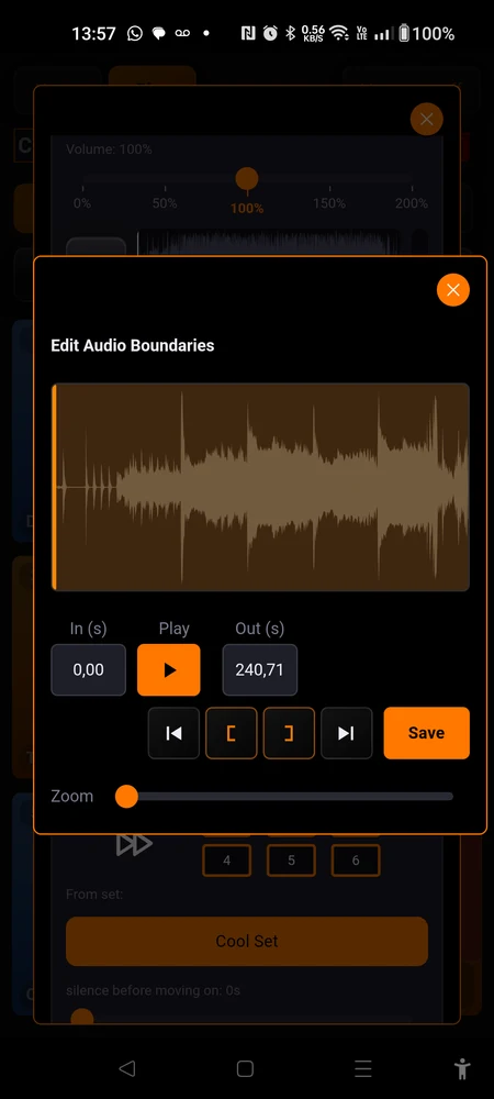 The "Edit Audio Boundaries" dialog: the waveform with its two handles, the In and Out fields, the Zoom slider and the Save button