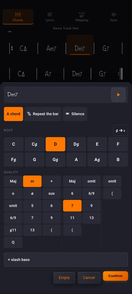 The Chords page with a few bars written, the chord picker open