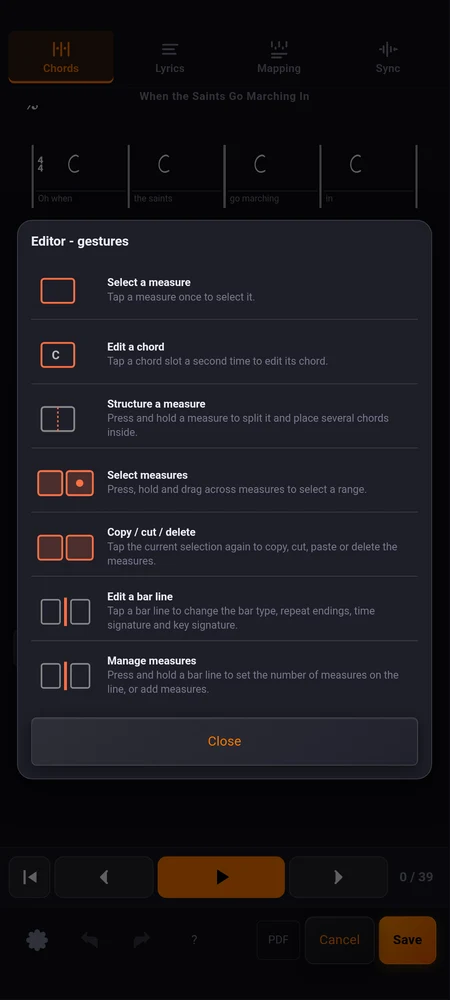 The gestures page: seven small animations, one per gesture, each with its sentence