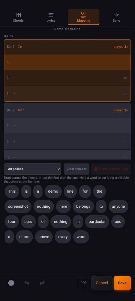 The Mapping page, a line of words being dragged onto a bar