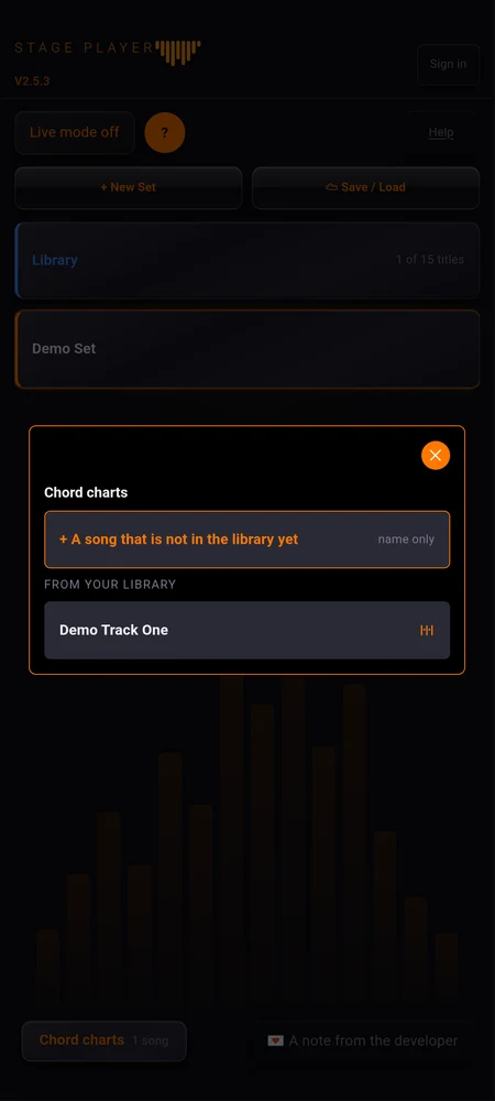 The Chord charts wizard on the home screen, with the library list and the New title entry