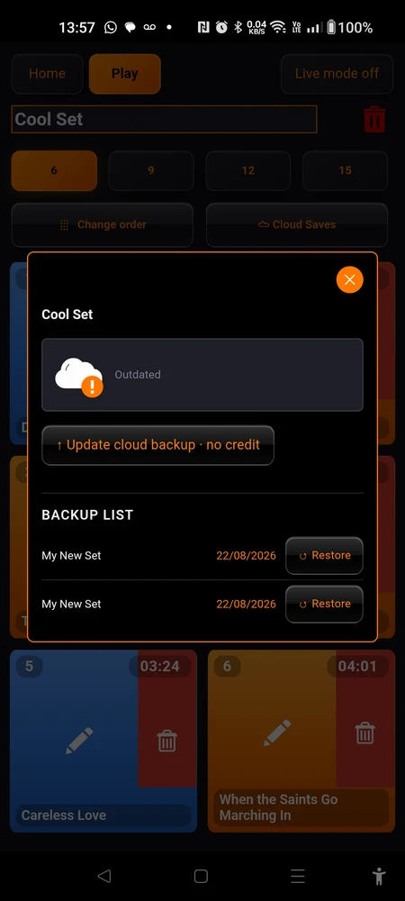 The cloud dialog for one set: cloud status, the save button with its cost, and the backup list with the current version marked and older versions below