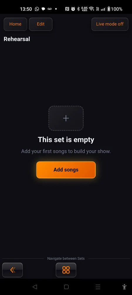 An empty set in play mode: "This set is empty", "Add your first songs to build your show." and the "Add songs" button