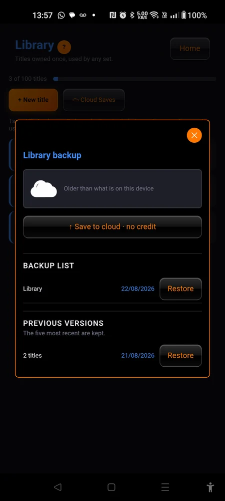 The "Library backup" dialog opened from the library page, showing the status, the save button and the list of previous versions