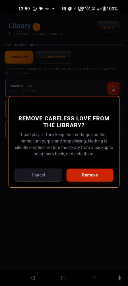 The confirmation before removing a title, on a title several pads play, showing what happens to them