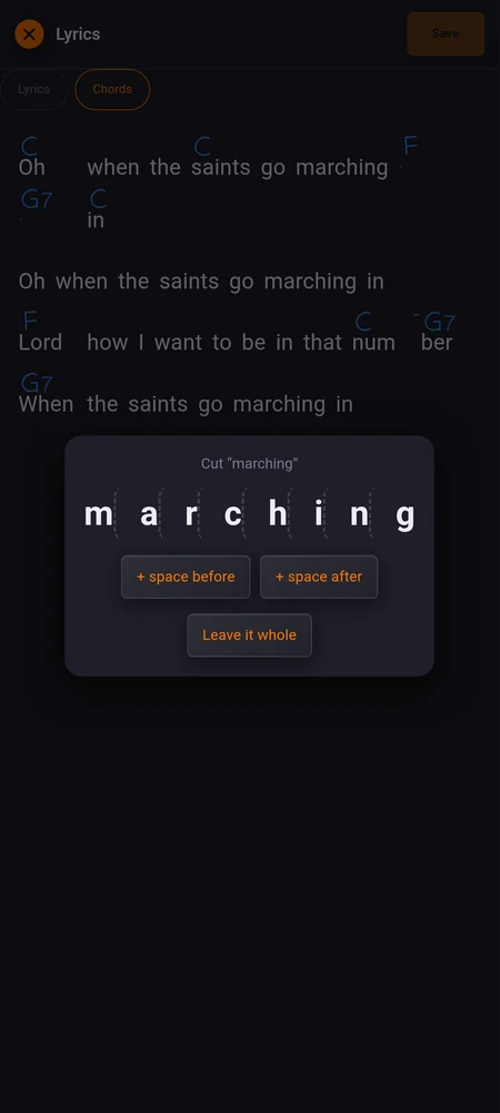 The cut panel open on a word, the letters spaced out with the space buttons underneath