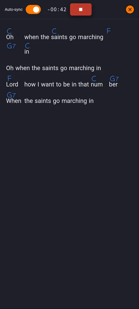 The lyrics on stage during playback, with the chords above the words