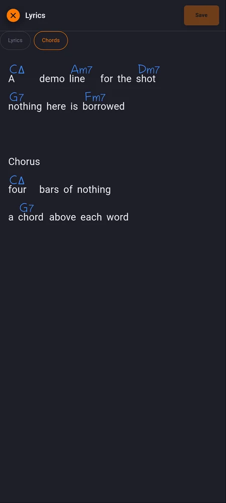 The Chords tab of the lyrics editor, chord names sitting above the words
