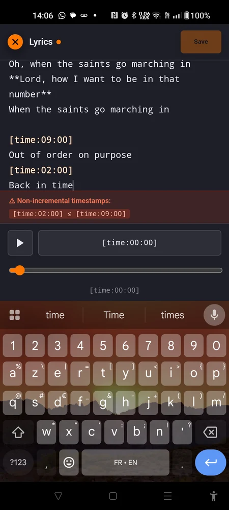 The editor showing the red band at the bottom: ⚠ Non-incremental timestamps: with a pair of tags listed, Save greyed out