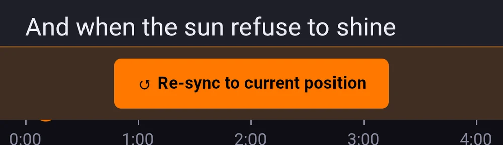 The stage view with auto-sync off, showing the orange ↺ Re-sync to current position banner at the bottom