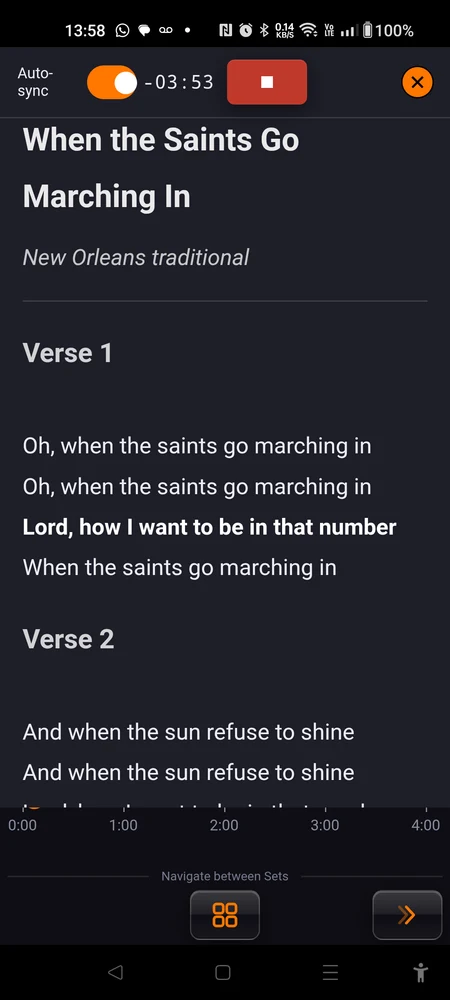 The lyrics stage view mid-song: Auto-sync switch top left, countdown and stop button centre, close button right, formatted lyrics below