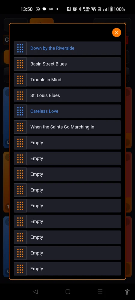 The song reorder list for a set, songs by name with drag handles and one row reading Empty