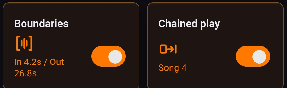 The Audio Boundaries card: its switch, and the readout In 4.2s / Out 26.8s
