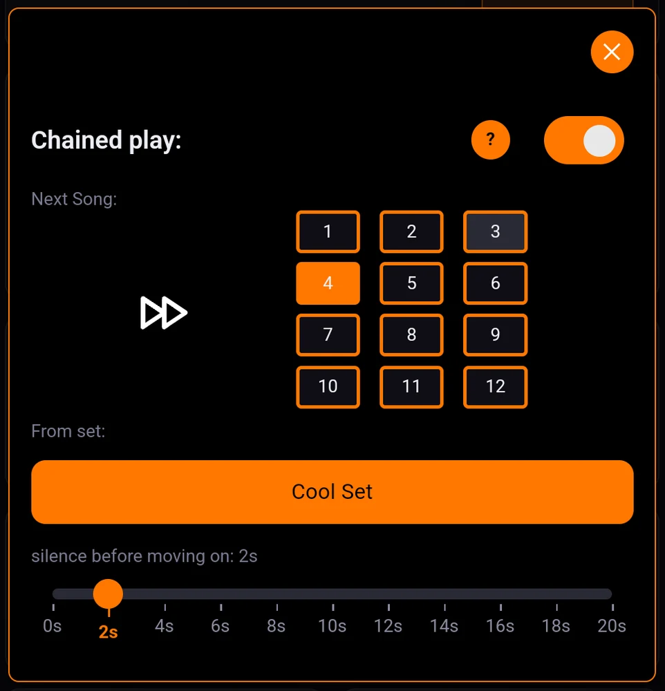 The Chained play window: the Next Song grid, From set, and the silence slider