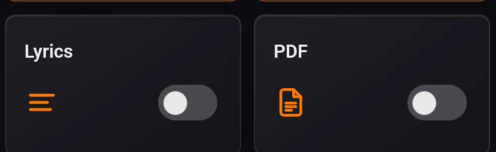 The Lyrics card with its switch on and the PDF (chords, sheet) card with its switch off, side by side
