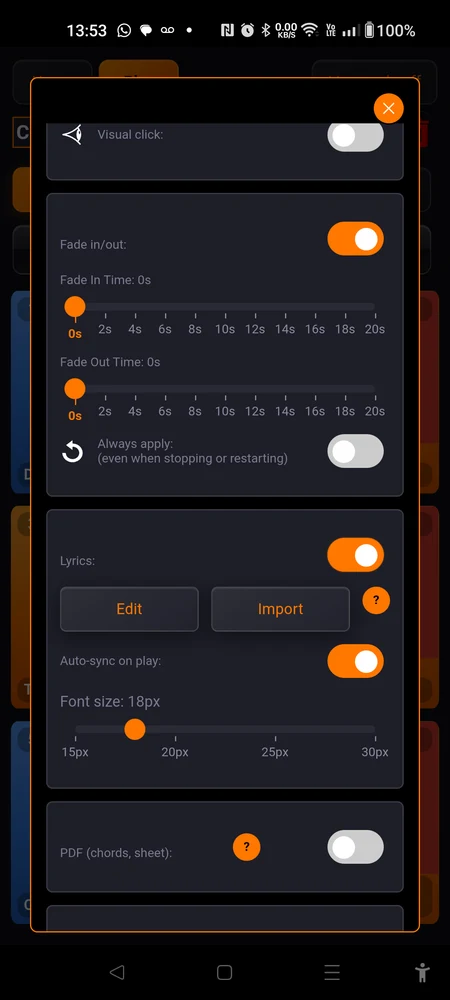 The song properties dialog scrolled to the Lyrics: and PDF (chords, sheet): switches, both off