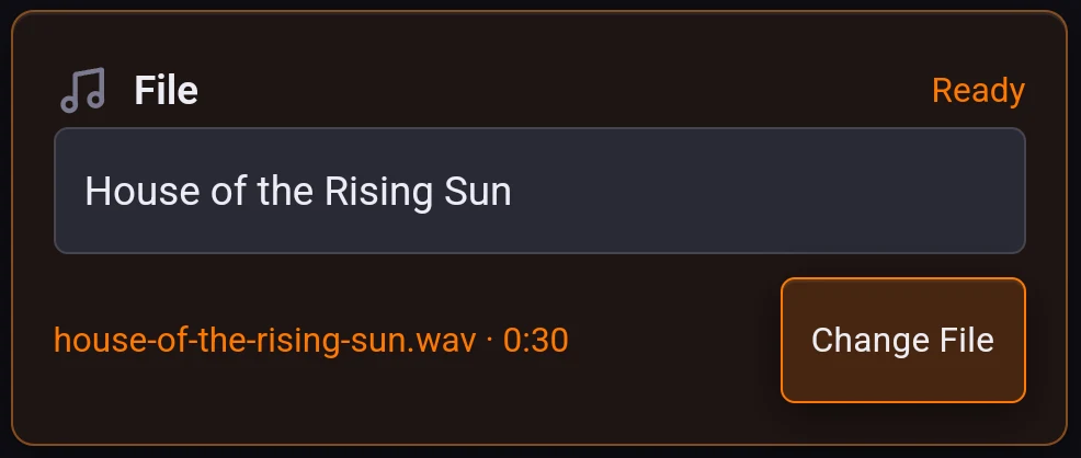 The same card filled in: the name field on its own line, then the orange filename and Change File