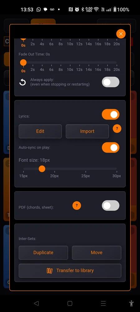 The bottom of a pad's settings, the "Inter-Sets:" block, showing "Duplicate", "Move" and "Transfer to library"