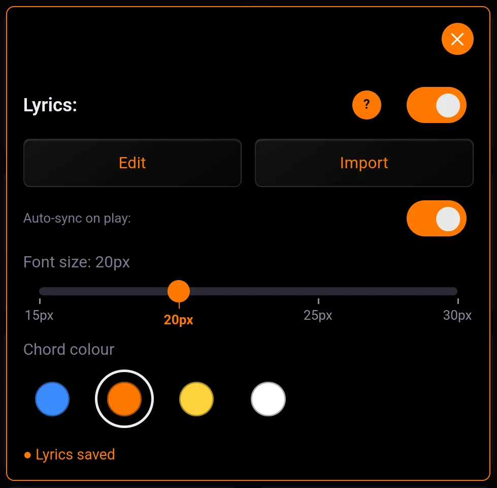The Lyrics window: the Edit and Import buttons, the Auto-sync on play: switch and the Font size slider
