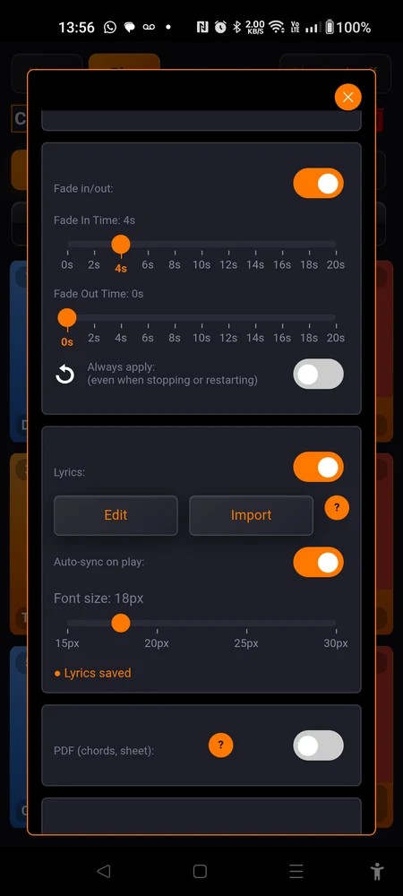 The Lyrics: switch on, showing Edit, Import and ? buttons, the Auto-sync on play: switch and the Font size slider