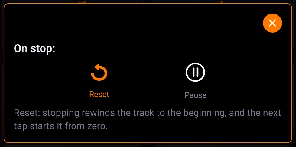 The On stop window with Pause selected, and a paused pad showing its reset zone