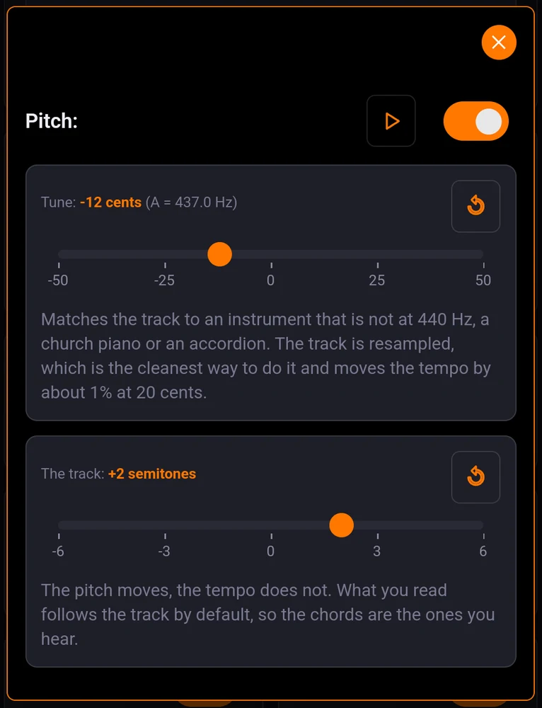 The Pitch window: the tuning in cents with its reference, the track transposition, and what the sheets show