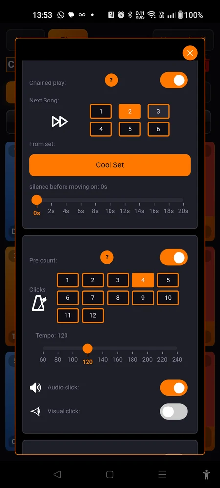 The Pre count block open: Clicks grid, Tempo slider, and the three switches