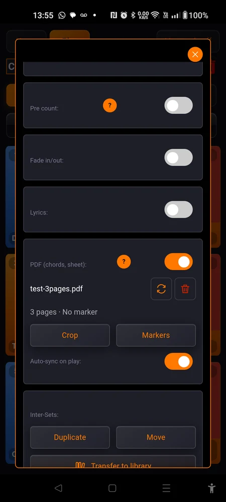 The PDF panel with a file attached: filename with replace and delete icons, the "3 pages · 4 markers · cropped" line, the Crop and Markers buttons