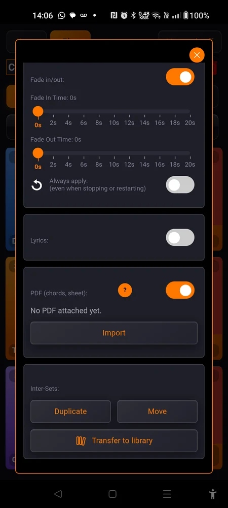 The PDF (chords, sheet): switch on, showing "No PDF attached yet." and the Import button