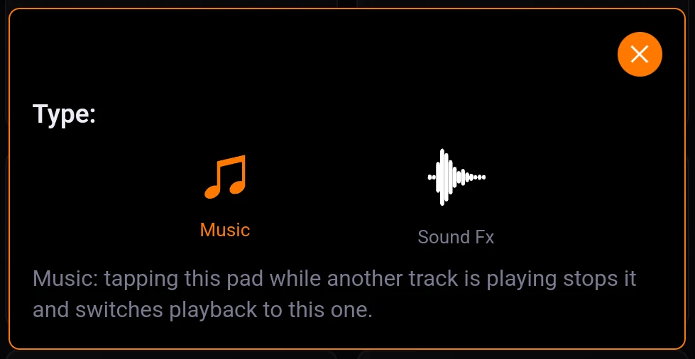 The Type window, Music selected, with the explanation line underneath