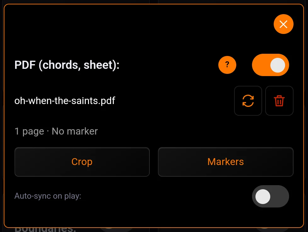 The PDF window with a file attached: the filename with its replace and delete icons, the "1 page · No marker" line, the Crop and Markers buttons