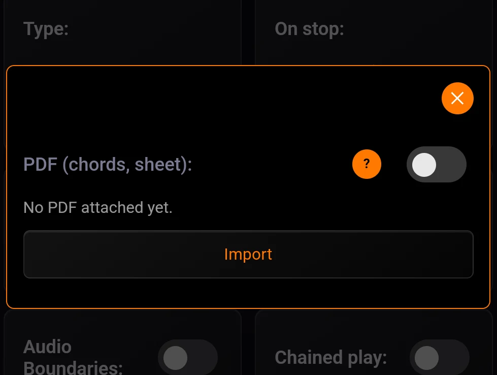 The PDF (chords, sheet) window with nothing attached: "No PDF attached yet." and the Import button