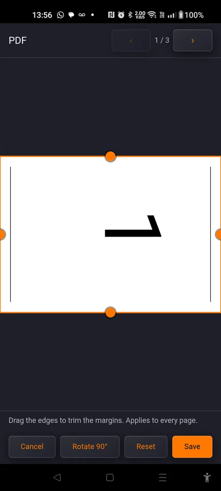 The Crop editor after one tap of rotate: the page on its side, the button reading Rotate 90°