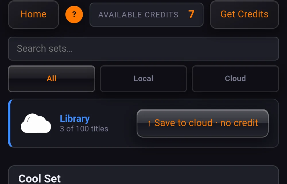 The library zone at the top of the Save / Load page, above the set cards, with its title count and its no-credit save button