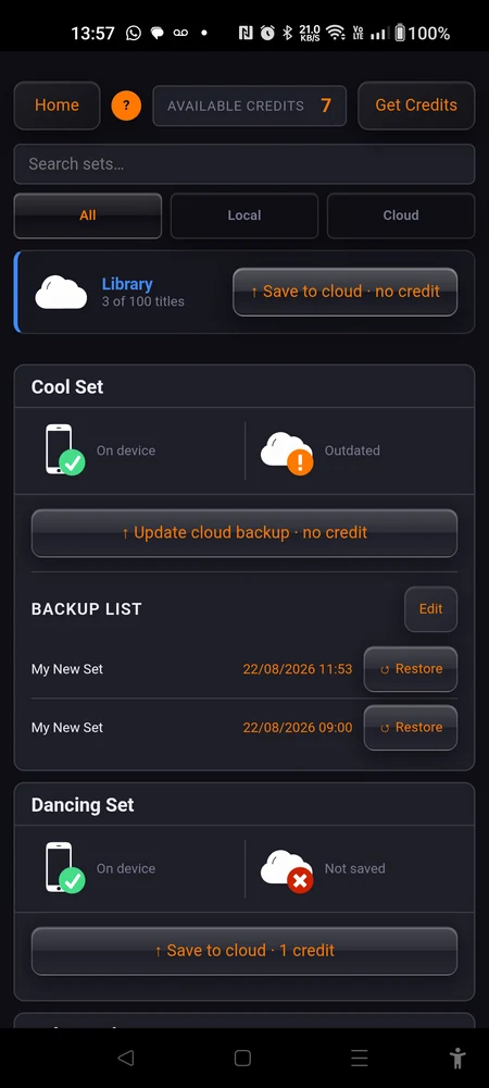 The Save / Load page: Available Credits at the top, the search and filter row, and one set card showing the phone column and the cloud column