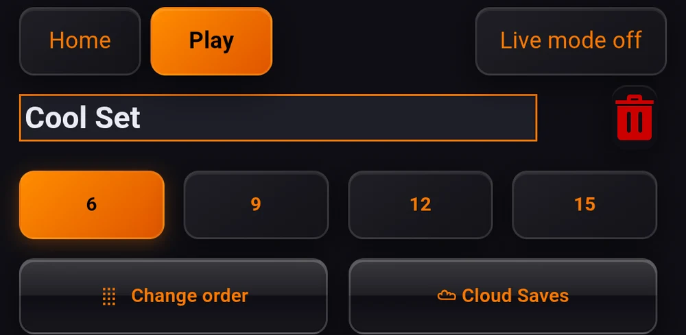 A set in Edit mode: the name as a text field with the bin beside it, the 6 / 9 / 12 / 15 row, and the Change order and Cloud Saves buttons