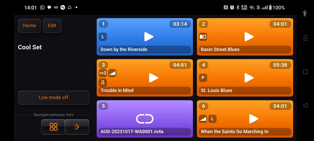 The same set in landscape: the sidebar on the left with title, live switch and navigation, and the pads filling the rest
