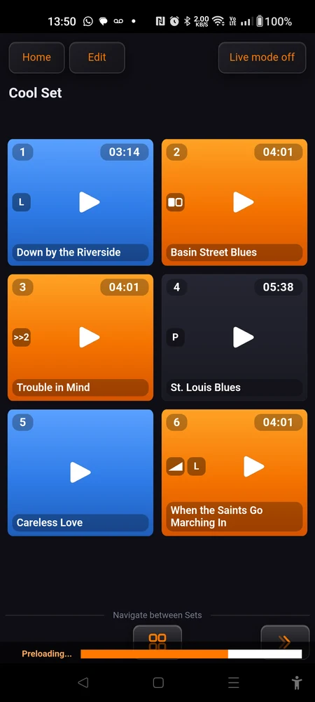 The bottom of a set page showing "Navigate between Sets" with the previous arrow, the All sets grid button and the next arrow