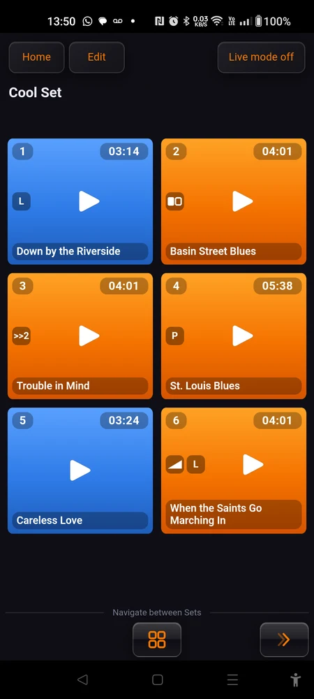 A set in play mode with one pad red and counting down, "Stop all" in the header and the seek bar below the grid